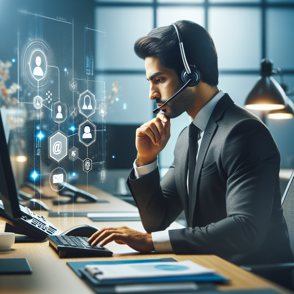 Profissional usando headset VoIP em ambiente corporativo moderno